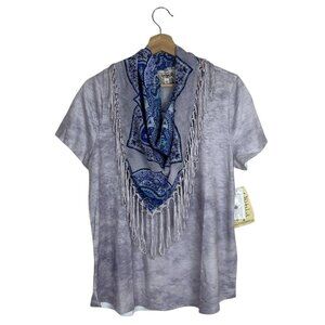 One World Top Detachable Chiffon Fringe Infinity Scarf Art Tee Purple Lavender